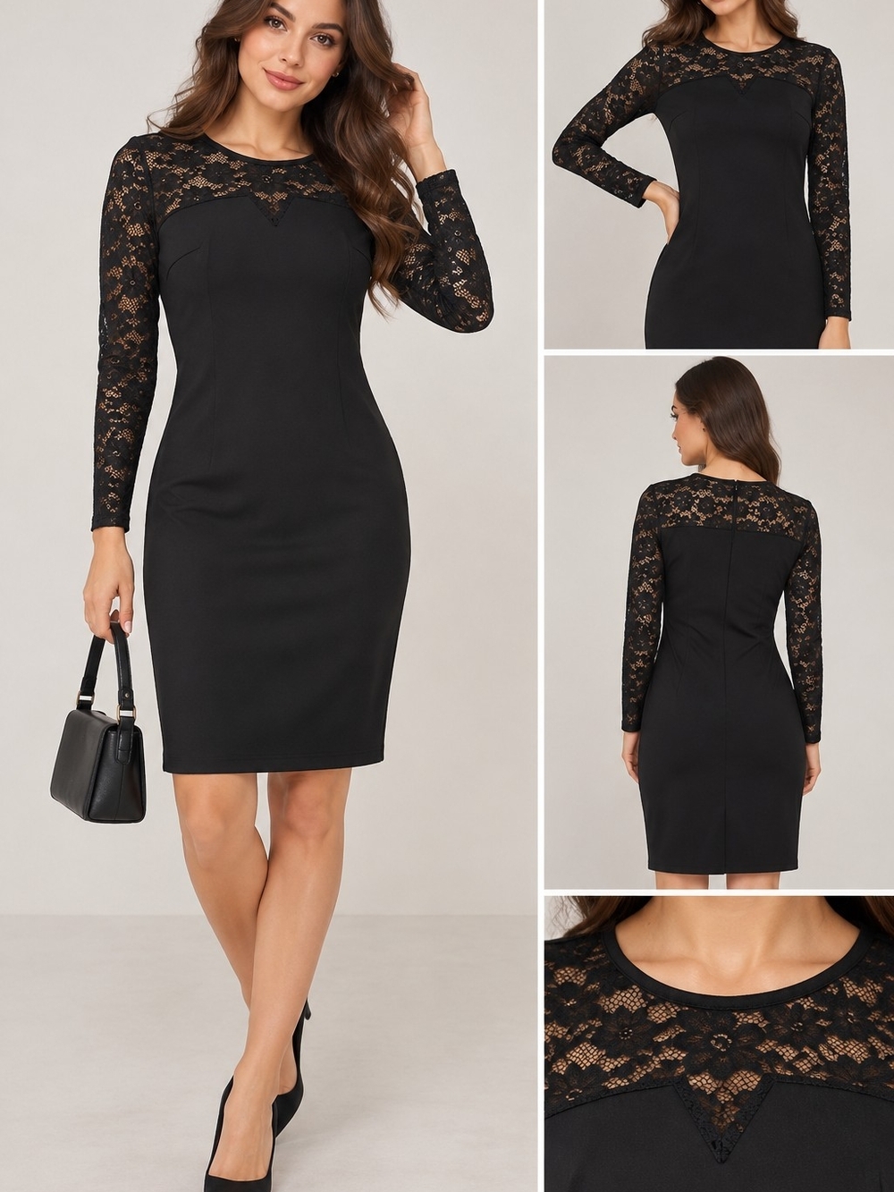 MICHI Black Lace Yoke Long-Sleeve Bodycon Dress